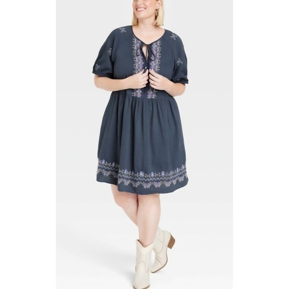 Knox Rose Women's Blue Embroidered Tassel Tie Long Sleeve Dress M Pockets - Picture 4 of 8